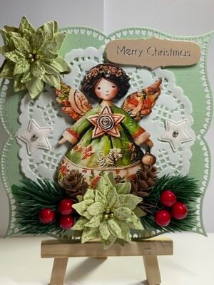 6X6" Luxury Handmade Christmas Card Topper - Angel - Pine & Berries - Pinecones