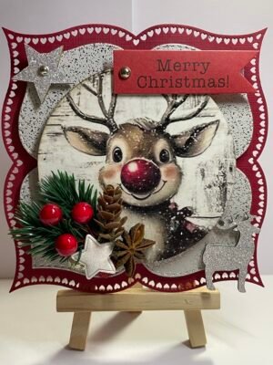 6X6" Luxury 3D Handmade Christmas Card Topper - Rudolph - Reindeer - Pine & Berries