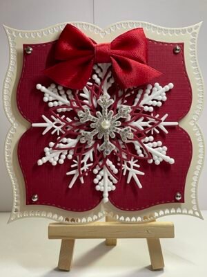6X6" Luxury 3D Christmas Snowflake Card Topper - Red & Cream - Large Satin Bow