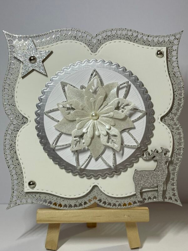 6X6" 3D Handmade Christmas Card Topper - Silver - Cream - Poinsettia - Deer - Image 3