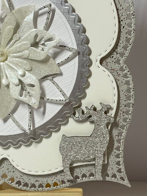 6X6" 3D Handmade Christmas Card Topper - Silver - Cream - Poinsettia - Deer - Image 4