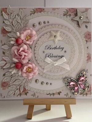6X6" Luxury 3D Handmade Birthday Card Topper Floral Roses - Butterfly - Stars