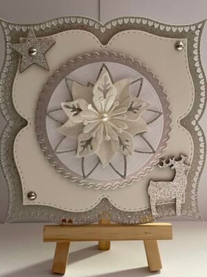 6X6" 3D Handmade Christmas Card Topper - Silver - Cream - Poinsettia - Deer