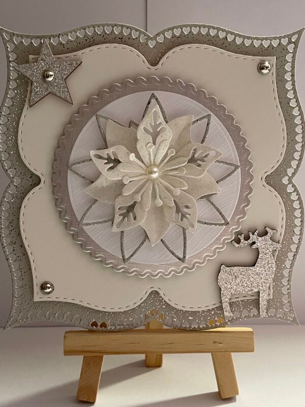 6X6" 3D Handmade Christmas Card Topper - Silver - Cream - Poinsettia - Deer