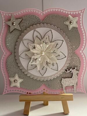6x6" 3D Handmade Christmas Card Topper - Pink - Silver - Poinsettia - Deer - Stars