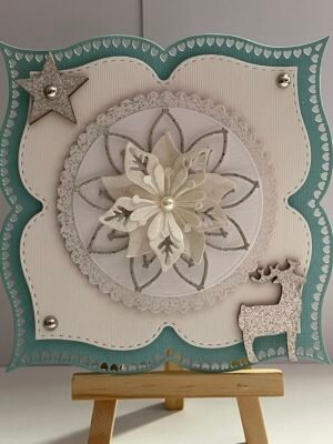6X6" 3D Handmade Christmas Card Topper - Teal - Silver - Poinsettia - Deer - Star