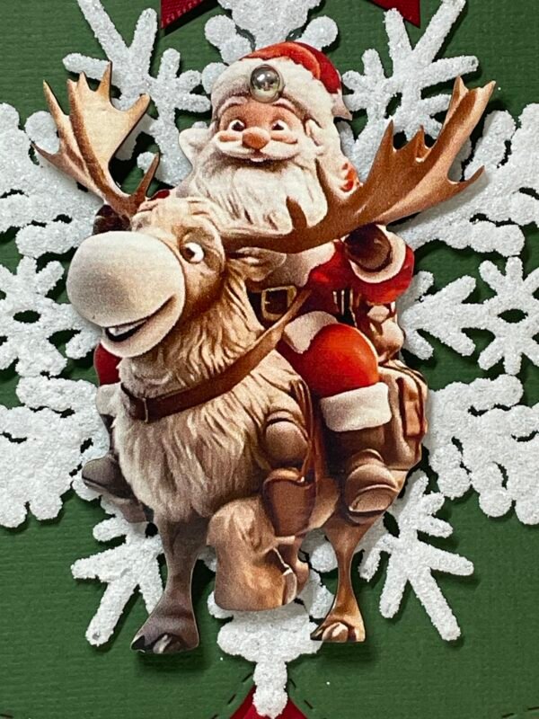 6X6" Handmade Christmas Card Topper - Santa Riding Rudolph - Frosted Snowflake - Image 2