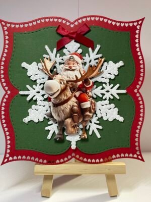 6X6" Handmade Christmas Card Topper - Santa Riding Rudolph - Frosted Snowflake