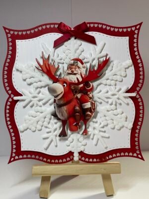 6X6" Handmade Christmas Card Topper - Santa Riding Rudolph - Red