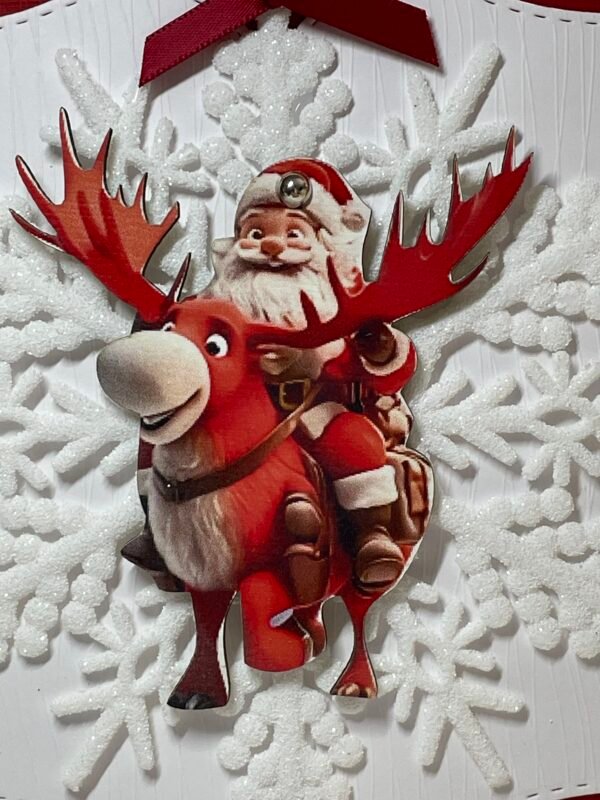 6X6" Handmade Christmas Card Topper - Santa Riding Rudolph - Red - Image 2