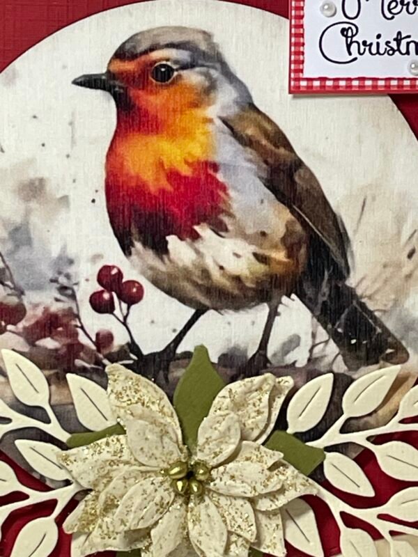 6X6" Handmade Christmas Card Topper - Watercolour Robin - Cream glitter Poinsettia - Image 2