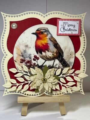 6X6" Handmade Christmas Card Topper - Watercolour Robin - Cream glitter Poinsettia