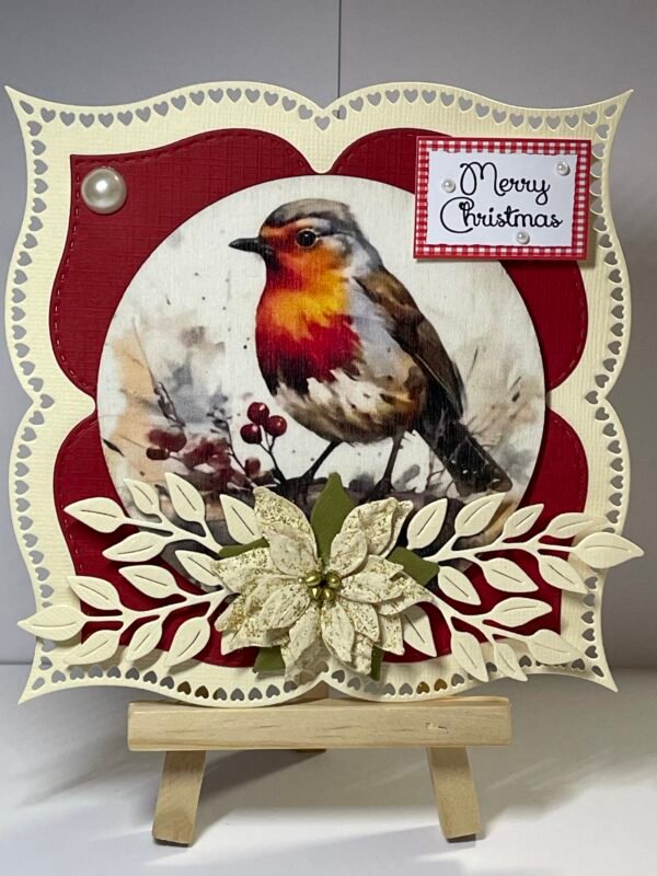 6X6" Handmade Christmas Card Topper - Watercolour Robin - Cream glitter Poinsettia