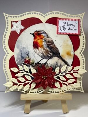 6X6" Handmade Christmas Card Topper - Robin - Red Poinsettia