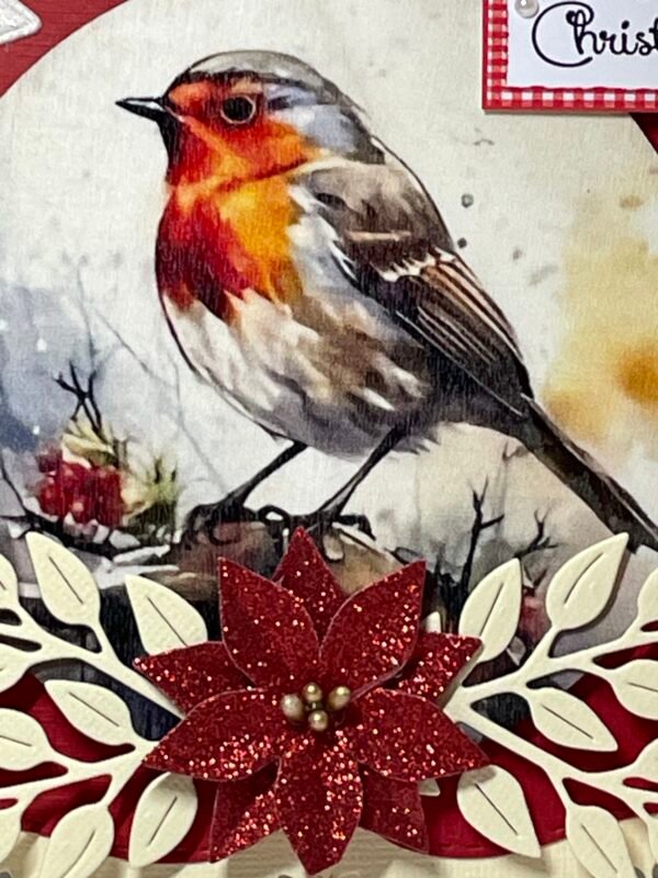 6X6" Handmade Christmas Card Topper - Robin - Red Poinsettia - Image 2