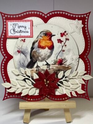 6X6" Handmade Christmas Card Topper - Robin - Red Poinsettia