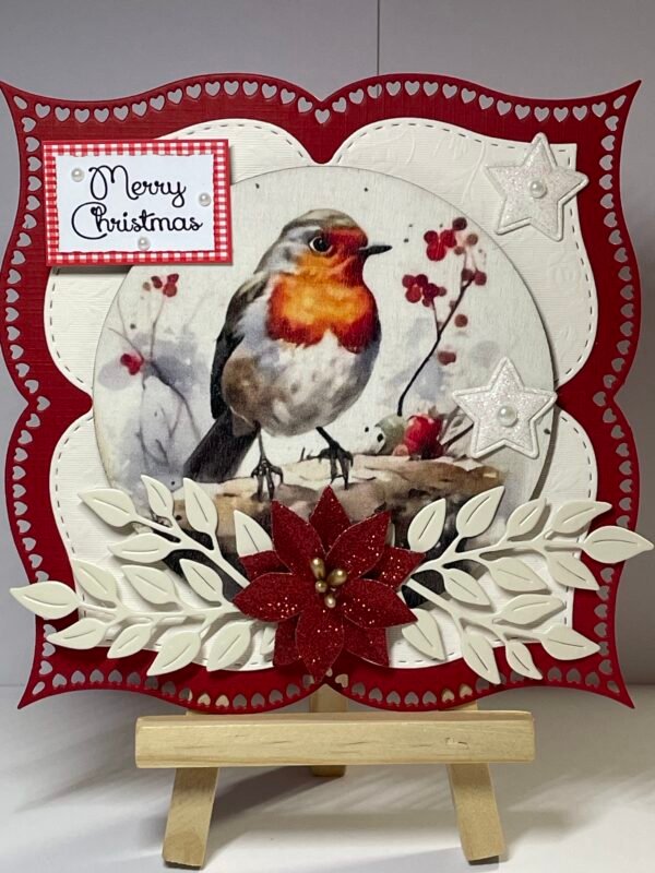 6X6" Handmade Christmas Card Topper - Robin - Red Poinsettia