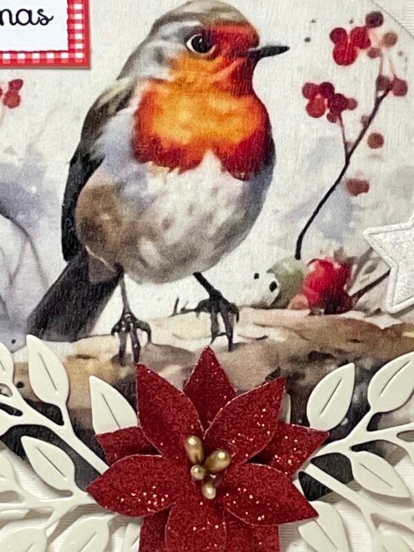 6X6" Handmade Christmas Card Topper - Robin - Red Poinsettia - Image 2