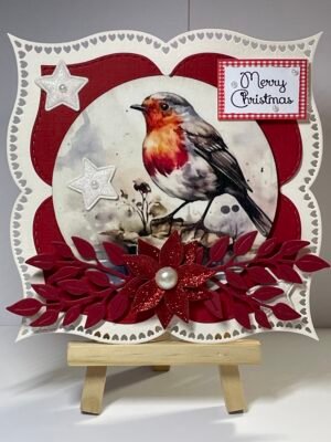 6X6" Handmade Christmas Card Topper - Watercolour Robin - Poinsettia - Stars