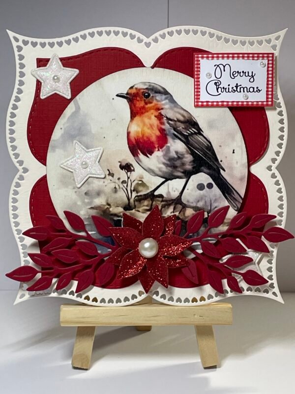 6X6" Handmade Christmas Card Topper - Watercolour Robin - Poinsettia - Stars