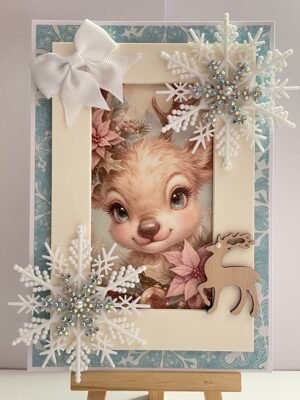 5X7" Luxury 3D Handmade Christmas Card Topper - Cute Vintage Reindeer - Snowflakes