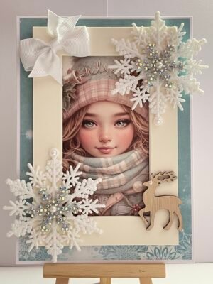 5X7" Luxury 3D Handmade Christmas Card Topper - Vintage Girl - Snowflakes - Deer