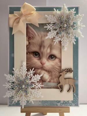 5x7" Luxury 3D Handmade Christmas Card Topper - Vintage Cat - Kitten - Snowflakes