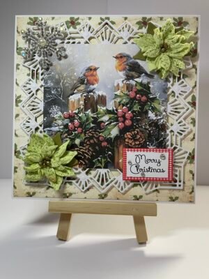 6X6" Handmade Christmas Card Topper - TWO ROBINS - Holly - Berries