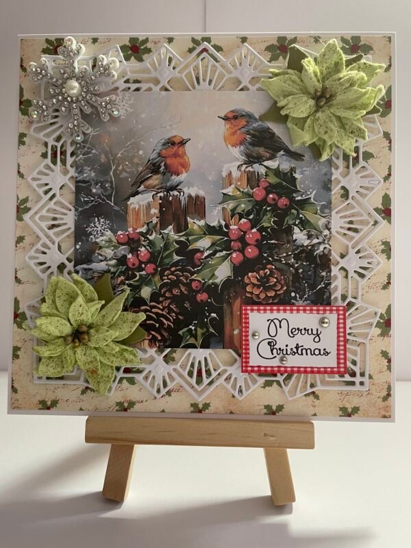 6X6" Handmade Christmas Card Topper - TWO ROBINS - Holly - Berries - Image 3