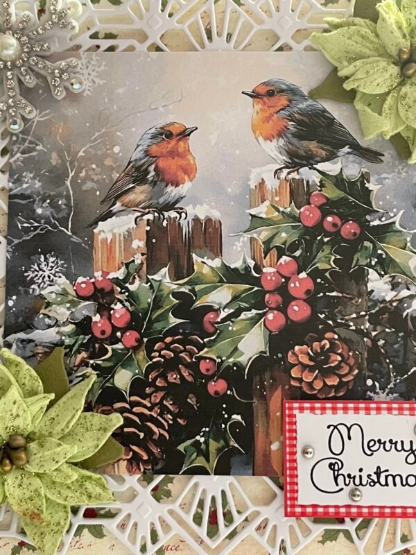 6X6" Handmade Christmas Card Topper - TWO ROBINS - Holly - Berries - Image 2