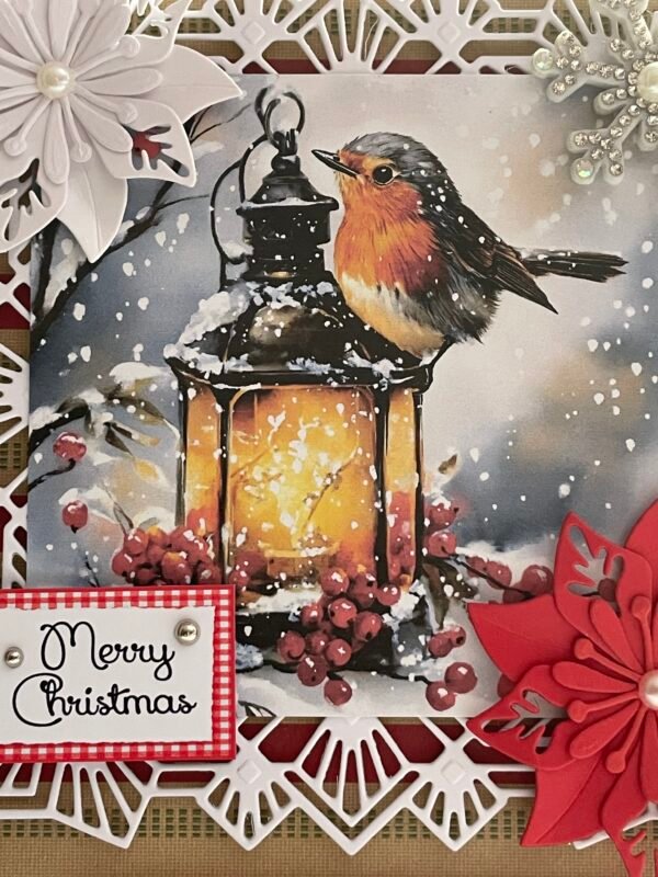 6X6" Handmade Christmas Card Topper - Robin - Lantern - Poinsettias - Image 2