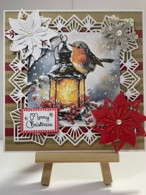 6X6" Handmade Christmas Card Topper - Robin - Lantern - Poinsettias