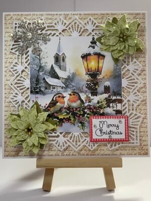 6X6" Handmade Christmas Card Topper - Two Robins - Snowy Church - Lantern
