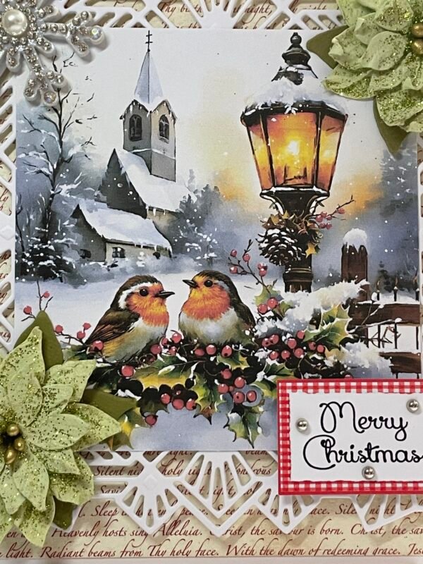 6X6" Handmade Christmas Card Topper - Two Robins - Snowy Church - Lantern - Image 2