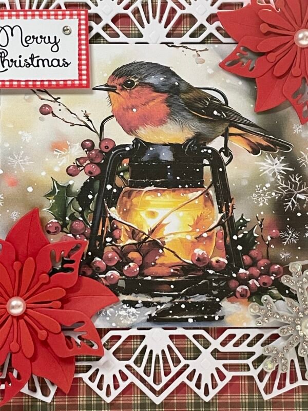 6X6" Handmade Christmas Card Topper - Tartan - Robin - Red Poinsettias - Lantern - Image 2