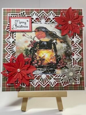 6X6" Handmade Christmas Card Topper - Tartan - Robin - Red Poinsettias - Lantern