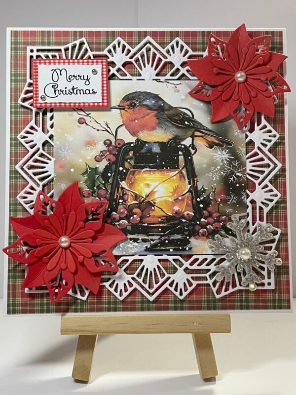 6X6" Handmade Christmas Card Topper - Tartan - Robin - Red Poinsettias - Lantern