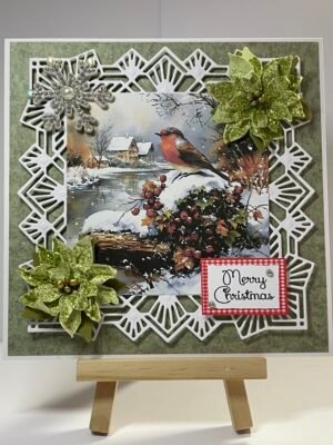 6X6" Handmade Christmas Card Topper - Robin - Lake - Winter Scene