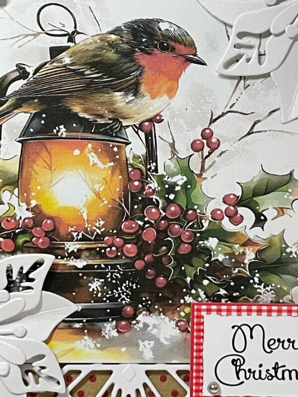 6X6" Handmade Christmas Card Topper - Robin - Holly - Lantern - White Poinsettias - Image 2