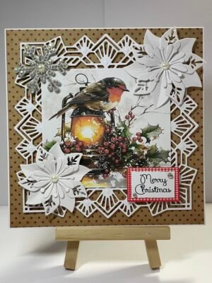 6X6" Handmade Christmas Card Topper - Robin - Holly - Lantern - White Poinsettias