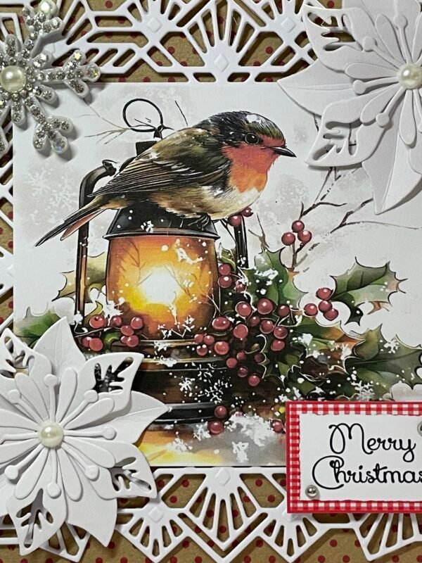 6X6" Handmade Christmas Card Topper - Robin - Holly - Lantern - White Poinsettias - Image 3