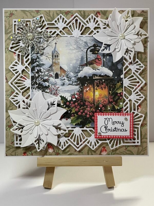 6X6" Handmade Christmas Card Topper - Robin - Snow - Church - Lantern
