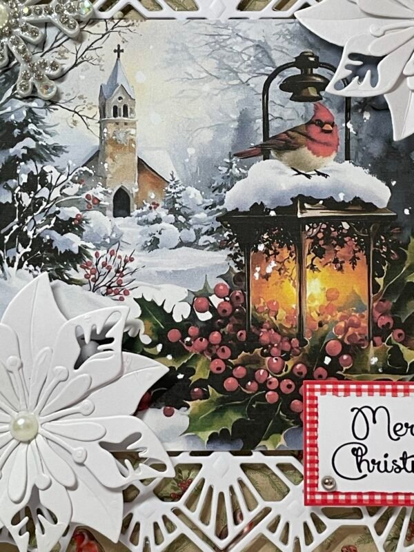 6X6" Handmade Christmas Card Topper - Robin - Snow - Church - Lantern - Image 2