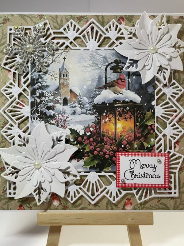 6X6" Handmade Christmas Card Topper - Robin - Snow - Church - Lantern - Image 3