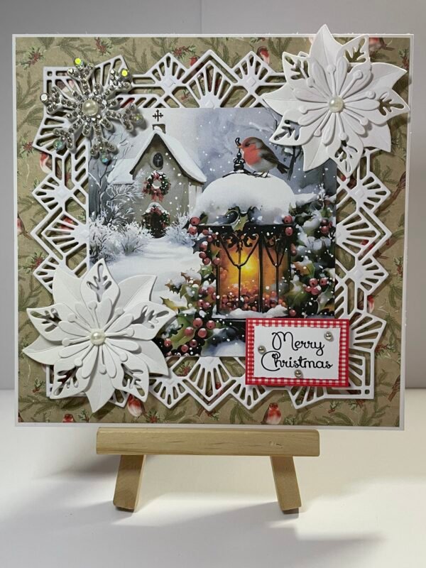 6X6" Handmade Christmas Card Topper - Chapel - Robin - Lantern - Image 3