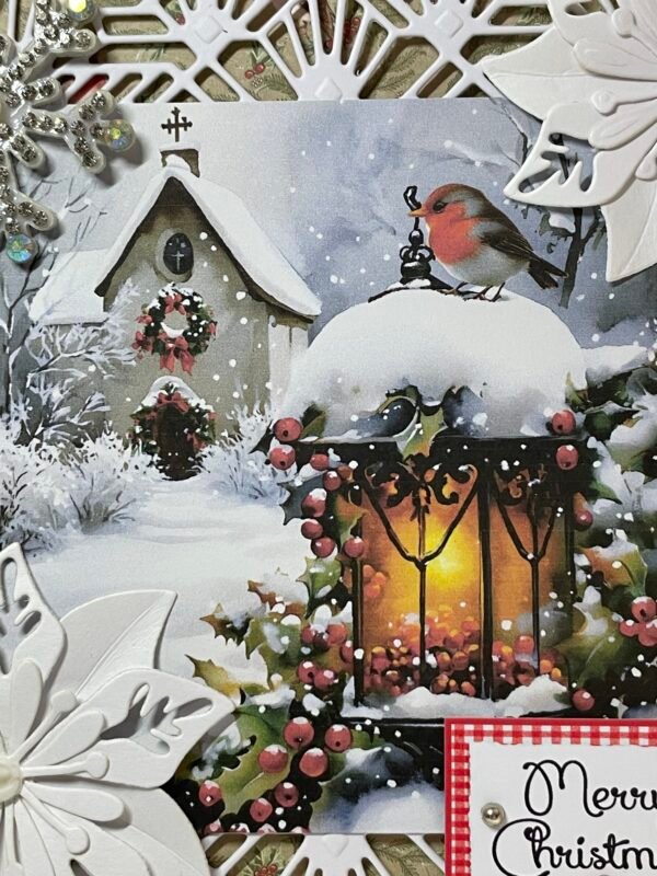 6X6" Handmade Christmas Card Topper - Chapel - Robin - Lantern - Image 2