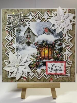 6X6" Handmade Christmas Card Topper - Chapel - Robin - Lantern