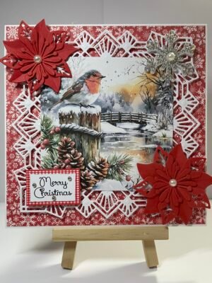 6X6" Handmade Christmas Card Topper - Robin - Lake - Pine Cones - Bridge