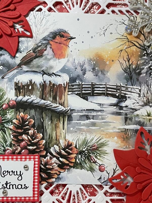 6X6" Handmade Christmas Card Topper - Robin - Lake - Pine Cones - Bridge - Image 2