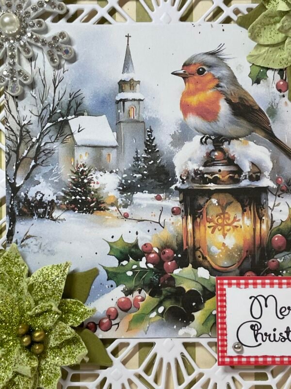 6X6" Handmade Christmas Card Topper - Village Church - Robin - Glitter Poinsettias - Image 2